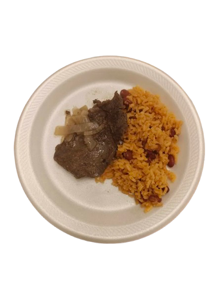 dinner 2-9-2026 / onion steak with rice and beans + brownie batter donut